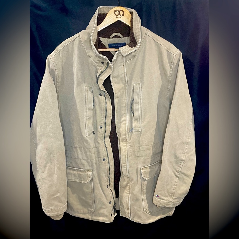 Tommy Hilfiger Beige Tans Mens Heavy Canvas Sherpa lined Cargo work jacket